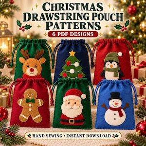 Op de afbeelding: Zes kerst-trekkoordzakjes patronen in PDF-formaat. De zakjes zijn gemaakt van rood, groen en blauw vilt, met applicaties van een rendier, kerstboom, pinguïn, peperkoekmannetje, de Kerstman en een sneeuwpop met trekkoorden.