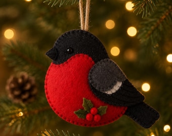 Felt Bird Ornament Pattern, Red Breasted Bird PDF Sewing Pattern, Bullfinch Robin Christmas Ornament, Hand Sewing, Instant Download