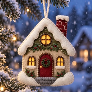 Pode incluir: Um enfeite de Natal de feltro em forma de casa com porta vermelha, chamin&eacute; de tijolos e telhado coberto de neve. A casa apresenta guirlandas verdes bordadas, janelas iluminadas em amarelo e bagas vermelhas decorativas, pendurado por um cord&atilde;o.