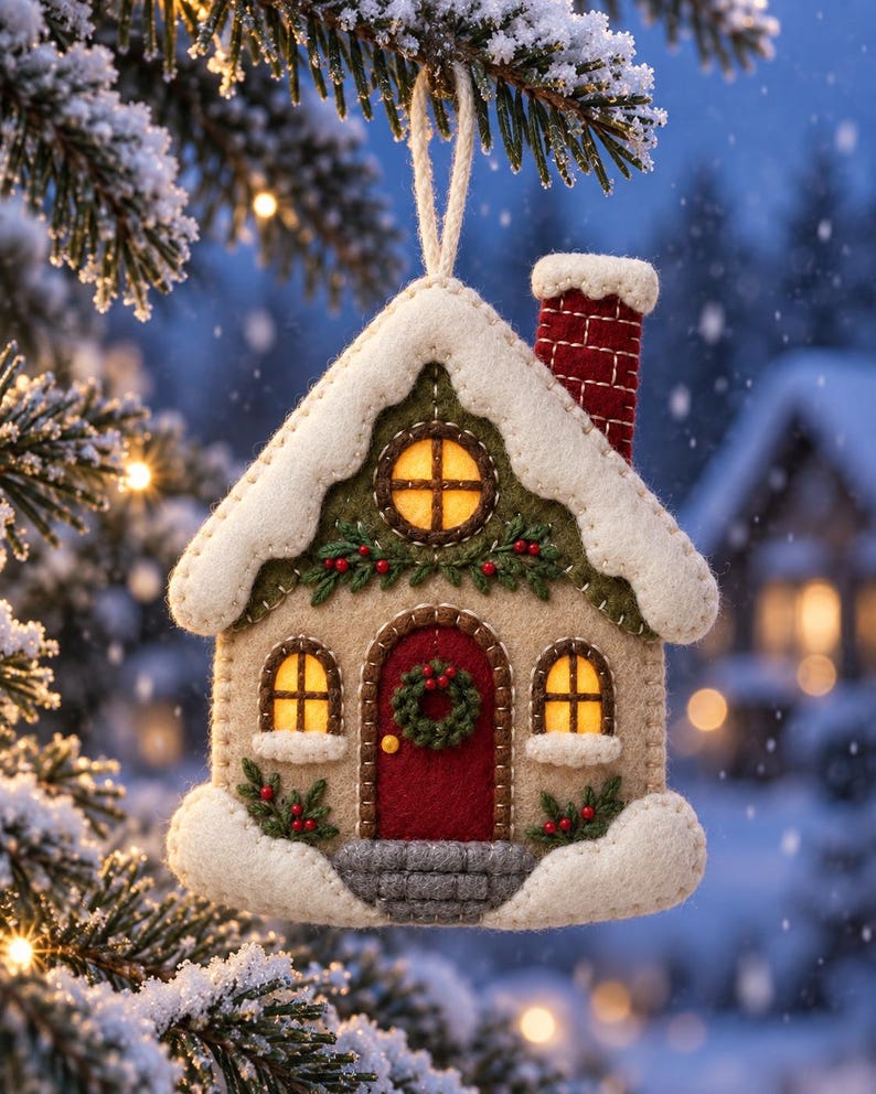 Pode incluir: Um enfeite de Natal de feltro em forma de casa com porta vermelha, chamin&eacute; de tijolos e telhado coberto de neve. A casa apresenta guirlandas verdes bordadas, janelas iluminadas em amarelo e bagas vermelhas decorativas, pendurado por um cord&atilde;o.