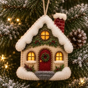 Può includere: Un addobbo natalizio in feltro a forma di casa con esterno beige, porta rossa con ghirlanda verde e camino in mattoni rossi. Il tetto e la base sono coperti di neve in feltro bianco e le finestre presentano caldi accenti di luce gialla.