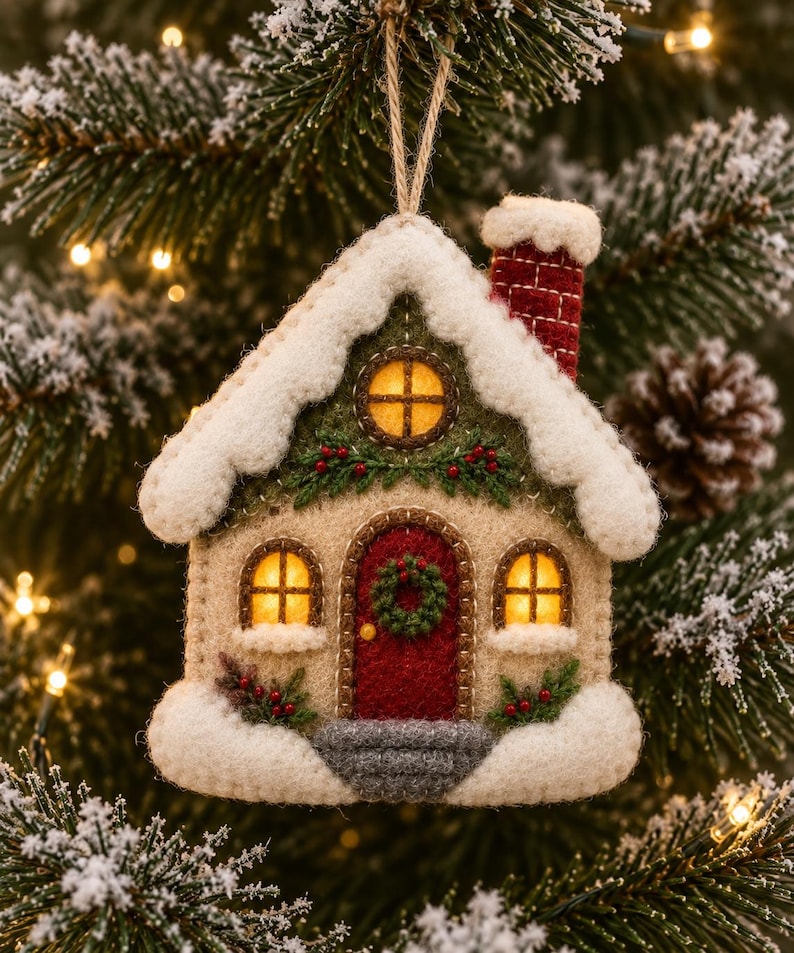 Pode incluir: Um enfeite de Natal de feltro em forma de casa com exterior bege, porta vermelha com guirlanda verde e chamin&eacute; de tijolos vermelhos. O telhado e a base s&atilde;o cobertos por neve de feltro branco e as janelas apresentam tons de luz amarela.