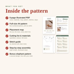 May include: A digital PDF sewing pattern for a dachshund and elephant, featuring a 6-page illustrated guide, A4 pattern pieces, placement maps, a cutting list, materials, a stitch guide, and step-by-step assembly instructions with text.
