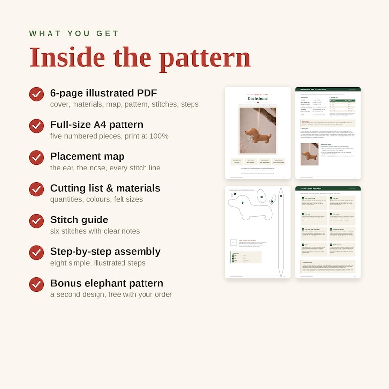 May include: A digital PDF sewing pattern for a dachshund and elephant, featuring a 6-page illustrated guide, A4 pattern pieces, placement maps, a cutting list, materials, a stitch guide, and step-by-step assembly instructions with text.