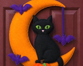 Felt Halloween Cat and Moon Door Hanger Pattern, Black Cat and Bats PDF Sewing Pattern, Halloween Wall Decor, Hand Sewing, Instant Download