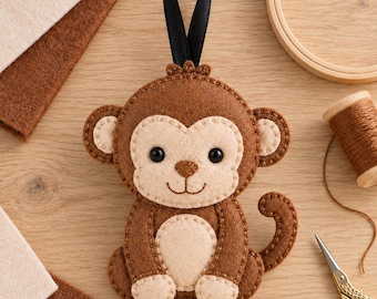 Felt Monkey Ornament Pattern, Baby Monkey PDF Sewing Pattern, Monkey Lover Gift, Nursery Decor, Beginner Hand Sewing, Instant Download