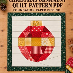 Molde de colcha de enfeites de Natal em PDF, bloco de colcha Scrappy Bauble FPP, técnica Foundation Paper Piecing, almofada de Natal, 10, 12 e 14 polegadas