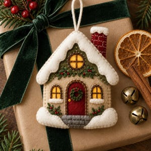 Pode incluir: Um ornamento de feltro em forma de casa com exterior bege, porta vermelha com uma guirlanda verde, janelas amarelas e um telhado branco coberto de neve com uma chamin&eacute; vermelha. Inclui um la&ccedil;o branco para pendurar e bordados verdes.