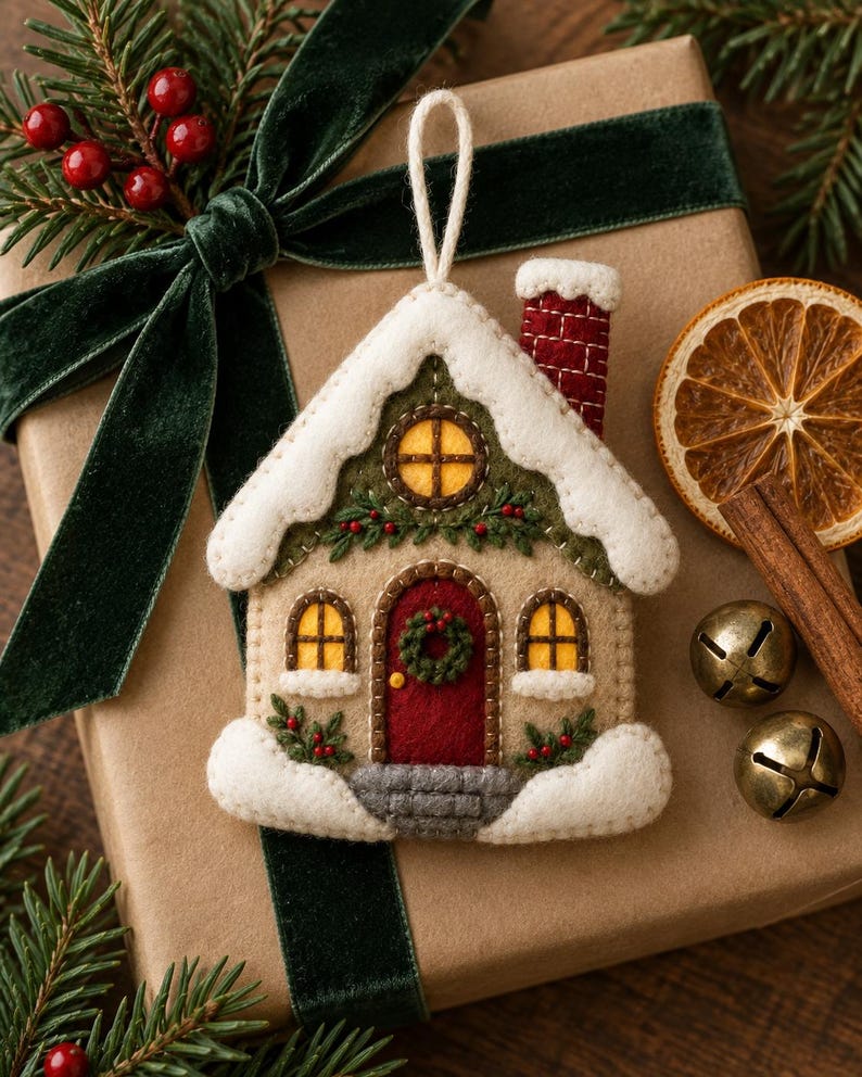 Pode incluir: Um ornamento de feltro em forma de casa com exterior bege, porta vermelha com uma guirlanda verde, janelas amarelas e um telhado branco coberto de neve com uma chamin&eacute; vermelha. Inclui um la&ccedil;o branco para pendurar e bordados verdes.
