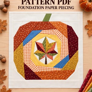 Patron de courtepointe citrouille (PDF), patron de patchwork sur papier, bloc de courtepointe feuille, mini-courtepointe d'automne, citrouille patchwork feuille d'érable, 25, 30 et 35,5 cm