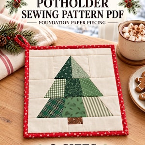 Christmas Tree Potholder Sewing Pattern PDF, Quilted Hot Pad, Scrappy Patchwork Tree, Foundation Paper Piecing, 2 Sizes