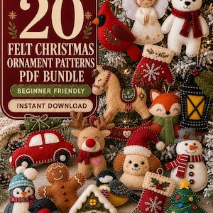 May include: A collection of twenty felt Christmas ornament patterns in a PDF bundle, featuring various handcrafted designs including a cardinal, angel, polar bear, rocking horse, fox, reindeer, snowman, penguin, gingerbread man, and tree.