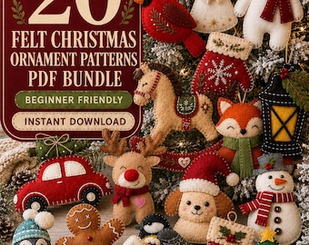 Felt Christmas Ornament Pattern Bundle, 20 PDF Sewing Patterns, Santa Reindeer Snowman Tree Angel, Beginner Hand Sewing, Instant Download