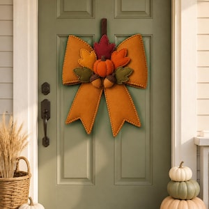 Felt Autumn Bow Door Hanger Pattern, Fall Door Decor PDF Sewing Pattern, Pumpkin Leaves Wall Hanging, Hand Sewing, Instant Download