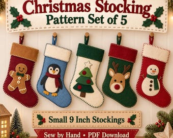 Felt Christmas Stocking Pattern Set of 5, Small 9 Inch Stockings to Sew by Hand, Snowman Reindeer Tree Penguin Gingerbread, PDF Download