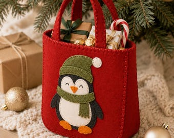 Penguin Felt Bag Sewing Pattern, Christmas Gift Tote to Sew by Hand, No Machine No Zip, Felt Penguin Applique, Instant Download