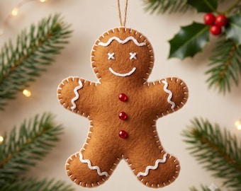 Felt Gingerbread Man Ornament Pattern, Christmas Gingerbread PDF Sewing Pattern, Felt Christmas Ornaments, Hand Sewing, Instant Download