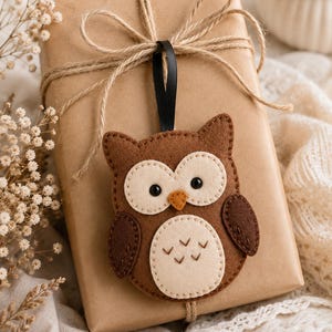 Può includere: Un ornamento in feltro a forma di gufo marrone e crema con due occhi a perla neri, un piccolo becco arancione e dettagli delle ali cuciti. Il gufo è fissato a un nastro nero e poggia su un pacco regalo rettangolare avvolto in carta marrone.