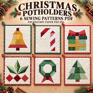 Christmas Potholder Sewing Pattern Bundle PDF, 6 Quilted Hot Pads, Tree, Candy Cane, Holly, Bell, Wreath, Foundation Paper Piecing