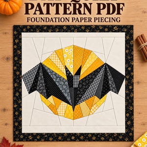 May include: A square quilt block featuring a central bat design created with foundation paper piecing. The bat is composed of black, white, and yellow fabric segments in various patterns. The text reads BAT QUILT PATTERN PDF FOUNDATION PAPER PIECING 10 12 14 inches.