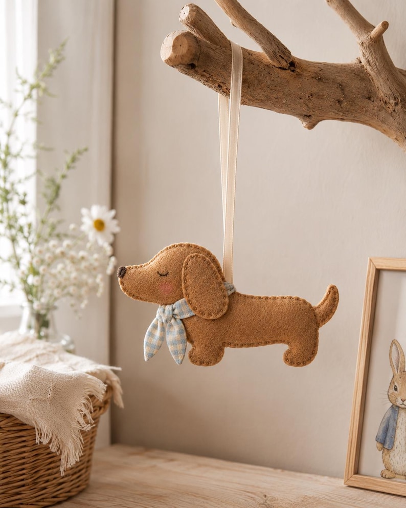 May include: A brown felt dachshund ornament featuring a light blue and white gingham patterned neckerchief, closed eyes, and pink cheeks. The dog is suspended by a thin cream-colored ribbon attached to its back, showcasing visible stitching.