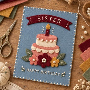 May include: A rectangular blue felt greeting card featuring a stitched maroon banner with the word SISTER, a two-tier pink cake with a lit candle, and colorful felt flowers. The text HAPPY BIRTHDAY is embroidered at the bottom in white thread.