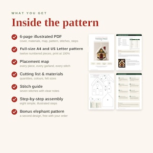 Pode incluir: Um padr&atilde;o PDF ilustrado de 6 p&aacute;ginas para um ornamento de casa de Natal. Inclui modelos A4 e US Letter, um mapa de posicionamento, lista de corte, materiais, guia de pontos, instru&ccedil;&otilde;es de montagem passo a passo e um padr&atilde;o de elefante b&oacute;nus.