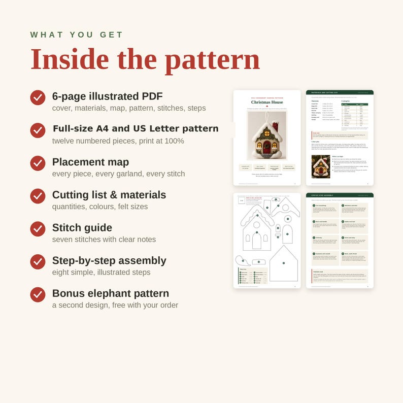 Pode incluir: Um padr&atilde;o PDF ilustrado de 6 p&aacute;ginas para um ornamento de casa de Natal. Inclui modelos A4 e US Letter, um mapa de posicionamento, lista de corte, materiais, guia de pontos, instru&ccedil;&otilde;es de montagem passo a passo e um padr&atilde;o de elefante b&oacute;nus.