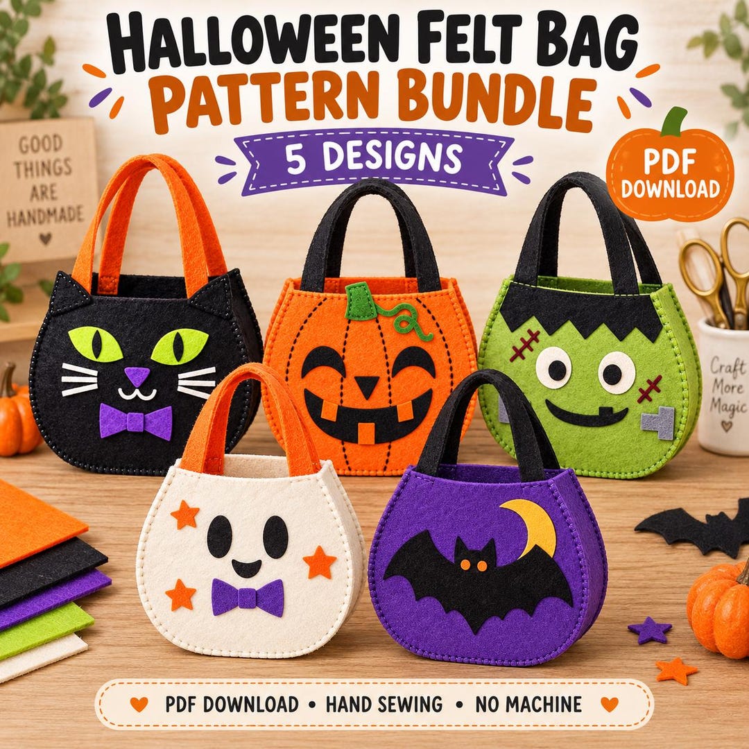 Halloween Felt Bag Pattern Bundle, 5 Treat Bag Designs to Sew by Hand ...
