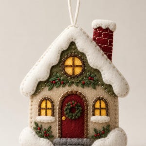 Pode incluir: Um ornamento de feltro em forma de casa com fachada bege, porta vermelha com guirlanda verde e chamin&eacute; de tijolos vermelhos. O telhado e a base s&atilde;o cobertos por neve de feltro branco. Inclui janelas amarelas, folhagem verde e bagas vermelhas.