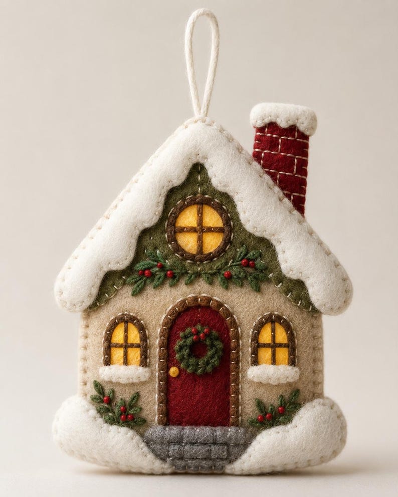 Pode incluir: Um ornamento de feltro em forma de casa com fachada bege, porta vermelha com guirlanda verde e chamin&eacute; de tijolos vermelhos. O telhado e a base s&atilde;o cobertos por neve de feltro branco. Inclui janelas amarelas, folhagem verde e bagas vermelhas.