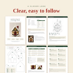 Pode incluir: Um documento de molde de costura digital para um enfeite de casa de Natal em feltro. As p&aacute;ginas incluem uma lista de materiais, um mapa de posicionamento, um guia de pontos e instru&ccedil;&otilde;es de montagem passo a passo com diagramas.