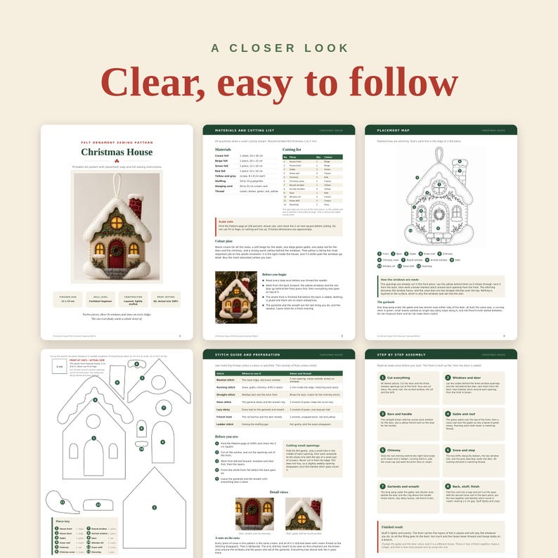 Pode incluir: Um documento de molde de costura digital para um enfeite de casa de Natal em feltro. As p&aacute;ginas incluem uma lista de materiais, um mapa de posicionamento, um guia de pontos e instru&ccedil;&otilde;es de montagem passo a passo com diagramas.