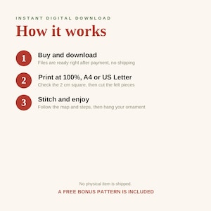 Pode incluir: Um gr&aacute;fico instrutivo intitulado How it works com tr&ecirc;s passos numerados em c&iacute;rculos vermelhos. Passo 1: Buy and download. Passo 2: Print at 100%, A4 or US Letter, check the 2 cm square, then cut the felt pieces. Passo 3: Stitch and enjoy.