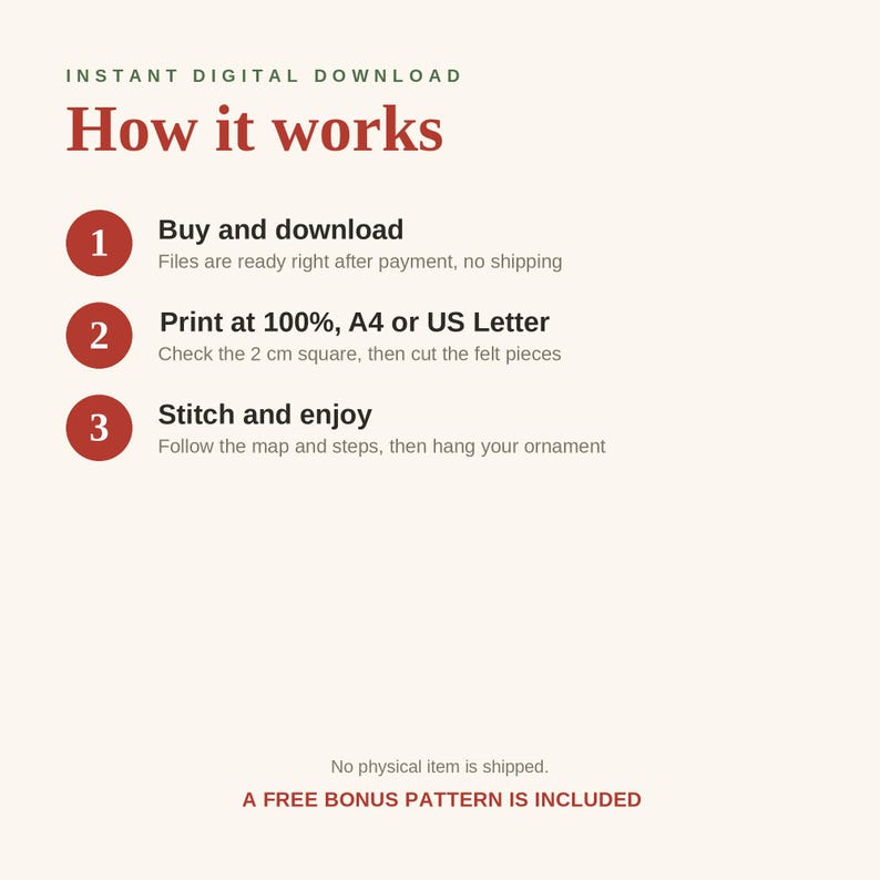 Pode incluir: Um gr&aacute;fico instrutivo intitulado How it works com tr&ecirc;s passos numerados em c&iacute;rculos vermelhos. Passo 1: Buy and download. Passo 2: Print at 100%, A4 or US Letter, check the 2 cm square, then cut the felt pieces. Passo 3: Stitch and enjoy.
