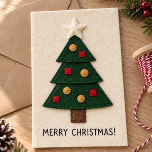 May include: A cream-colored greeting card featuring a dark green felt Christmas tree with a brown trunk and a white star on top. The tree is decorated with small yellow circles and red squares. The text MERRY CHRISTMAS! is printed in black.