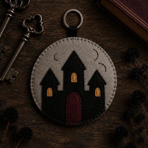 May include: A circular felt keyring featuring a black castle silhouette with a dark red arched doorway and three small yellow windows against a light grey background. The design is stitched with dark thread and includes a silver metal keyring at the top.