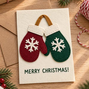 Op de afbeelding: Een crèmekleurige wenskaart met twee vilten wanten, één donkerrood en één donkergroen, elk met een witte sneeuwvlokapplicatie en een witte boord. De tekst MERRY CHRISTMAS! is in het donkergroen onder de wanten op de kaart gedrukt.