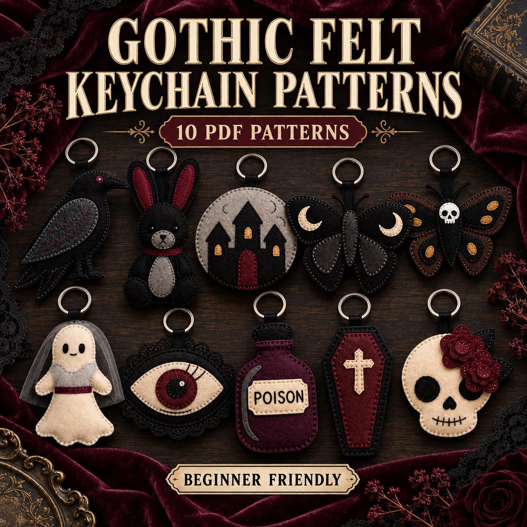 Instant Download Sewing Pattern Gothic Felt Keychain Pattern Bundle, 10 PDF Sewing Patterns, Skull Moth ...
