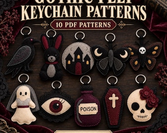 Gothic Felt Keychain Pattern Bundle, 10 PDF Sewing Patterns, Skull Moth Raven Coffin Ghost, Beginner Hand Sewing, Instant Download