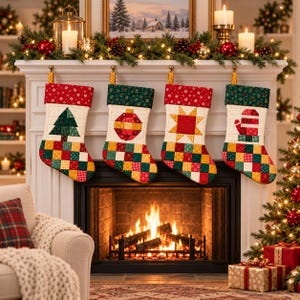 Christmas Stocking Pattern PDF, Quilted Patchwork Stockings, Set of 4 with Tree, Ornament, Star and Mitten Blocks, 2 Sizes, FPP Sewing