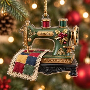 May include: A green sewing machine ornament with gold accents, featuring the name Amelia on a plaque, a holly and berry decoration, and a multi-colored patchwork quilt with lace trim hanging from the needle, suspended by a gold cord.
