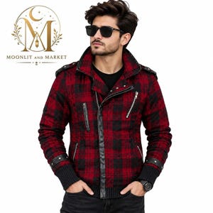 Giacca bomber da uomo a quadri rossi e neri con finiture in pelle, stile punk gotico