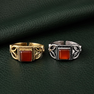 Anello regolabile in ottone con corniola, gioiello boho fatto a mano con pietre preziose, regalo per donna