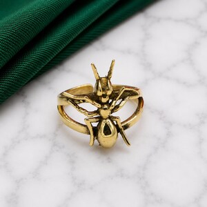 May include: A gold-toned metal ring featuring a detailed ant design as the centerpiece. The ant is positioned centrally on the band, with its head, thorax, and abdomen clearly defined. The ring has an open-back adjustable band structure.