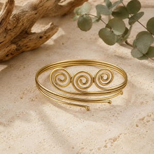 Gold Brass Swirl Arm Cuff Bracelet, Boho Upper Armlet Jewelry |
