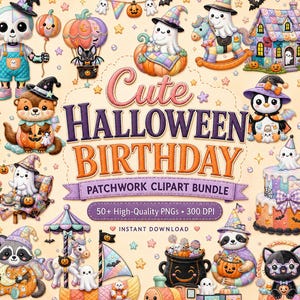 May include: A digital clipart bundle featuring pastel-colored Halloween characters including a skeleton, ghosts, a penguin, a raccoon, and a cat, all wearing patchwork hats and costumes, with the text Cute HALLOWEEN BIRTHDAY PATCHWORK CLIPART BUNDLE.
