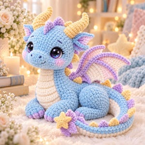 May include: A crocheted dragon plush toy featuring a light blue body, a cream-colored belly, and yellow horns. The creature has purple-tipped wings, purple accents on its back, and a yellow star detail on its tail. It has large, dark eyes.