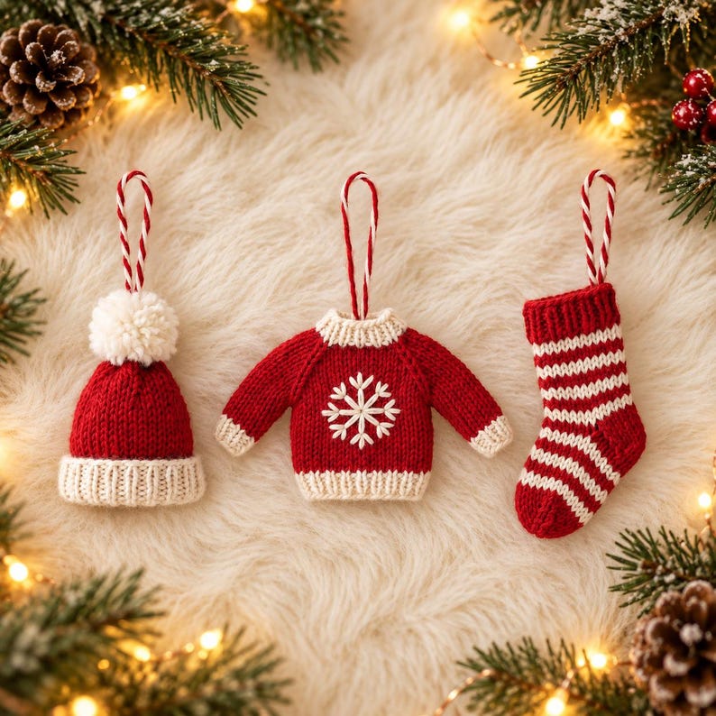 Christmas Knitting Patterns PDF, Mini Hat Sweater Stocking Ornaments