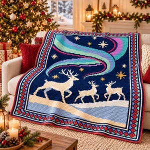 Northern Lights Reindeer Crochet Blanket Pattern PDF, Aurora Borealis Christmas Throw, Digital Download